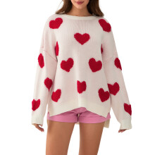 (L, Pink) Women's Heart Print Sweaters Cute Long Sleeve Round Neck Loose Pullover Fall Winter Tops