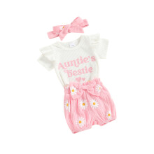 (3-6 Months, Pink) Ensemble été bébé fille, barboteuse manches courtes lettres, short fleurs et bandeau.