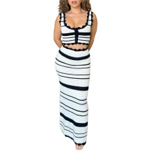 (S, White) Ensemble deux pièces en maille pour femme, débardeur rayé à boutons et jupe longue, idéal pour l'été