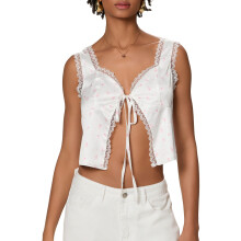 (M, White) Women's Floral Print Tank Tops Sleeveless V Neck Lace Trim Tie-up Crop Tops Casual Shirts