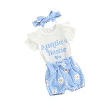 (3-6 Months, Blue) Ensemble été bébé fille, barboteuse manches courtes lettres, short fleurs et bandeau.