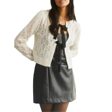 (L, Ivory) Women's Spring Autumn Knit Coat Long Sleeve Crewneck Tie Front Crochet Knitwears