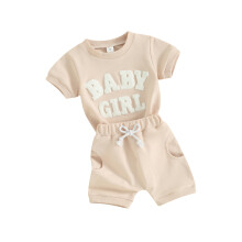 (6-12 Months, Apricot) Completo estivo per bambina: maglietta corta con ricamo e pantaloncini. Abbigliamento neonati.