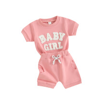 (0-6M, Pink) Completo estivo per bambina: maglietta corta con ricamo e pantaloncini. Abbigliamento neonati.