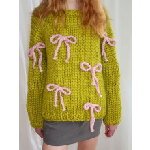 (XL, Green) Pull en maille automne-hiver pour femme, manches longues, col rond, orné d'un nœud 3D
