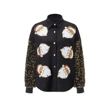 (M, Black) Gilet en maille boutonnée pour femme, manches longues, à sequins, motif Père Noël, idéal pour le printemps et l'automne.