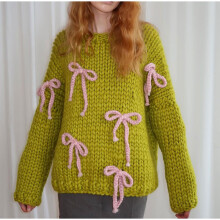 (M, Green) Pull en maille automne-hiver pour femme, manches longues, col rond, orné d'un nœud 3D