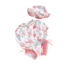 (6-12 Months, Orange) Traje de baño de manga larga con estampado floral/helado para bebé niña, con protección solar. Incluye gorro para el sol.