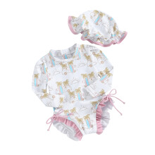(0-3 Months, Pink) Traje de baño de manga larga con estampado floral/helado para bebé niña, con protección solar. Incluye gorro para el sol.