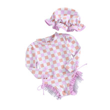 (6-12 Months, Purple) Traje de baño de manga larga con estampado floral/helado para bebé niña, con protección solar. Incluye gorro para el sol.