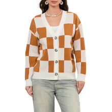 (XL, Yellow) Gilet cardigan en maille à manches longues et col en V pour femme, imprimé à carreaux, idéal pour l'automne et l'hiver.