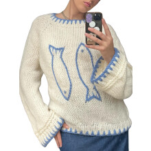 (L, White) Women Knit Sweater Long Sleeve Crew Neck Fish Contrast Color Pullover Warm Sweater for Fall Winter