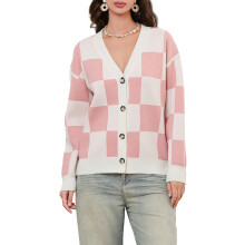 (XL, Multicolor) Women's Autumn Winter Knit Cardigan Long Sleeve V Neck Checkerboard Print Knitwear Sweater