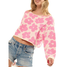(L, Pink) Women's Fall Loose Sweater Floral Print Long Sleeve Round Neck Spring Knit Tops Knitwear