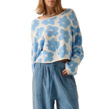 (S, Sky Blue) Pull ample d'automne pour femme, imprimé floral, manches longues, col rond, tricot printanier