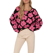 (S, Black) Pull ample d'automne pour femme, imprimé floral, manches longues, col rond, tricot printanier