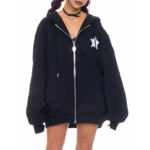 (L, Black) Women's Gothic Hooded Jacket Star Print Pattern Zip Up Fall Loose Coat Streetwear with Pockets