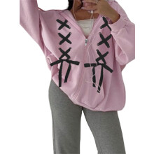 (L, Pink) Sweat à capuche zippé pour femme, à manches longues amples, fermeture à nœud croisé et poche, idéal pour l'automne streetwear