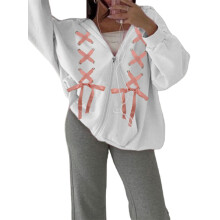 (XL, White) Sweat à capuche zippé pour femme, à manches longues amples, fermeture à nœud croisé et poche, idéal pour l'automne streetwear
