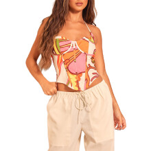 (S, Multi-Color) Women's Slim Corset Tops Cartoon Floral Printed Sleeveless Halter Neck Backless Crop Vest