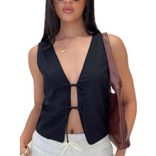 (S, Black) Women's Summer Casual Tank Tops Sleeveless Deep V Neck Tie Front Solid Color Vest