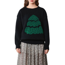(S, Black) Women's Christmas Tree Sweaters Drop Shoulder Long Sleeve Round Neck Ribbed Loose Knitted Tops
