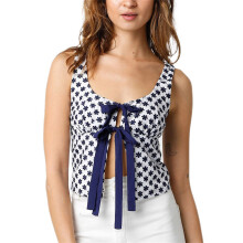 (S, Navy Blue) Women Tank Tops Flower Embroidery Front Bow Tie-Up Casual Vests Summer Sleeveless Tops Streetwear