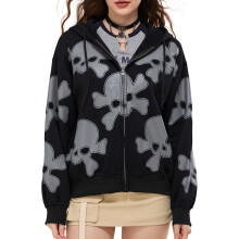 (M, Black) Sweat à capuche pour femme, manches longues, imprimé tête de mort/croix, style streetwear décontracté.