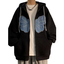 (M, Blue) Sweat à capuche zippé pour femme, imprimé papillon, manches longues amples, poche, idéal pour l'automne et le streetwear.