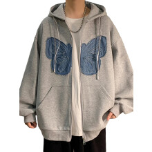 (S, Grey) Sweat à capuche zippé pour femme, imprimé papillon, manches longues amples, poche, idéal pour l'automne et le streetwear.