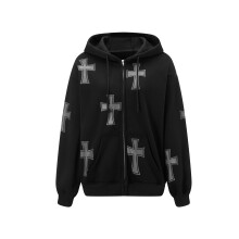 (S, Gray) Sweat à capuche pour femme, manches longues, imprimé tête de mort/croix, style streetwear décontracté.