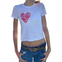 (L, White Small Heart) Women Basic T-Shirt Casual Summer Heart Print Short Sleeve Tops for Streetwear Aesthetic Grunge Clothes