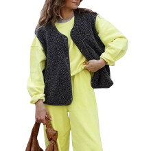 (L, Black) Mouwloos fleecevest voor dames met V-hals en drukknoopsluiting, ideaal als warme winterjas.