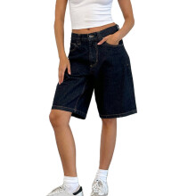 (L, Indigo) Short en jean long pour femme, longueur genou, couleur unie, taille basse, jambes larges, avec poches, idéal pour l'été