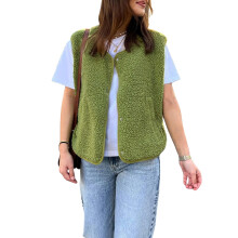 (L, Green) Mouwloos fleecevest voor dames met V-hals en drukknoopsluiting, ideaal als warme winterjas.