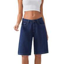 (L, Dark Blue) Short en jean long pour femme, longueur genou, couleur unie, taille basse, jambes larges, avec poches, idéal pour l'été
