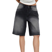 (L, Dark Gray) Short en jean long pour femme, longueur genou, couleur unie, taille basse, jambes larges, avec poches, idéal pour l'été