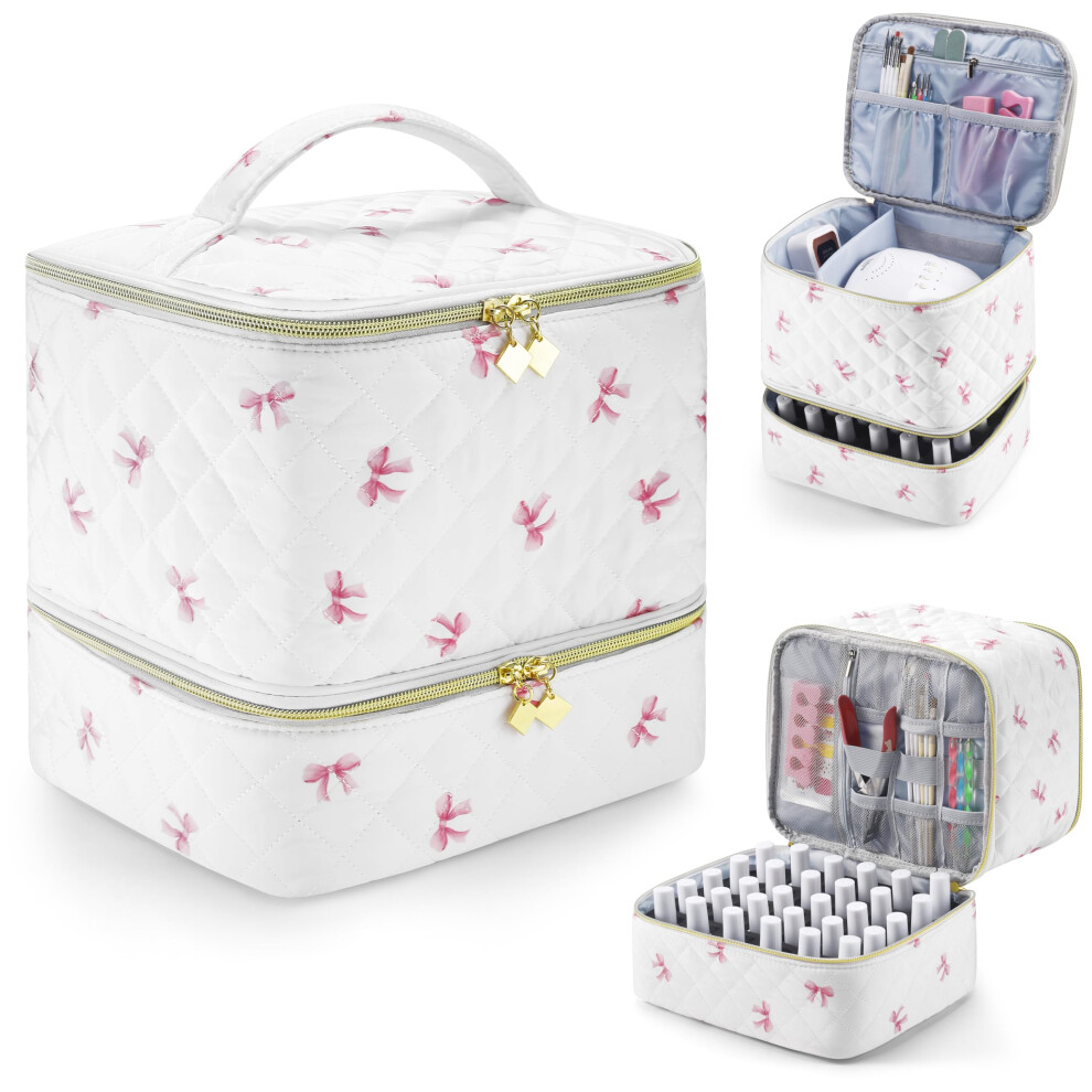 Pink Nail Polish Organizer With Lamp Storage, Large Capacity Carrying Case Holds 30+ Bottles Bow