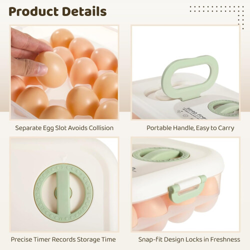 2 Pcs Stackable Egg Storage Container with Lid and Timer, Large Capacity Clear Egg Holder for Refrigerator 2