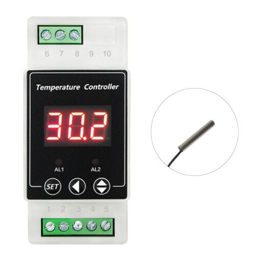 LED Rail Thermostat DC8-24V 2-Way Relay Din Rail Mounted Controller Heating and Cooling Temperature Alarm Controller C
