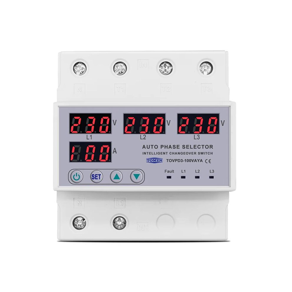 Tomzn 100A 3 Phase 3P+N Din Rail Phase Selector Over And Under Voltage Current Protection Monitor Relays Protector 6033646975474