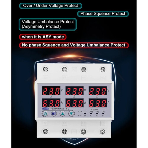 TOMZN Din Rail 63A over Under Voltage Current Limit Protection Relay Protector SYN ASYNC Synchronous Asynchronous 2