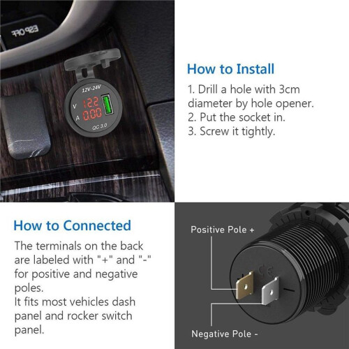 2X 12V / 24V Fast Charging 3.0 Car Cigarette Lighter Socket USB Charger LED Voltmeter Ammeter Black & Red 2