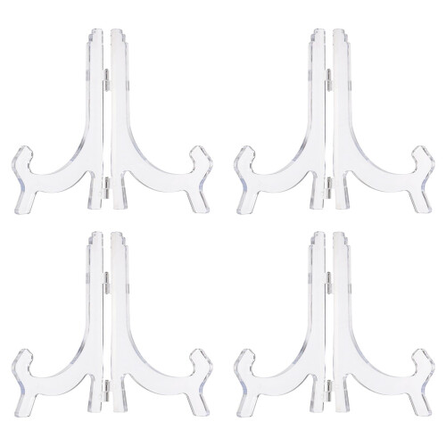 Set of 4 Clear Acrylic Easel Display Stands, Folding Plate Holders with Stable Triangular Base