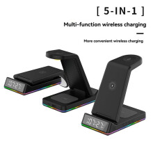 5 in 1 Foldable Wireless Charger Stand RGB LED Clock Fast Charging Station Dock for Watch 6/5 S23 S22