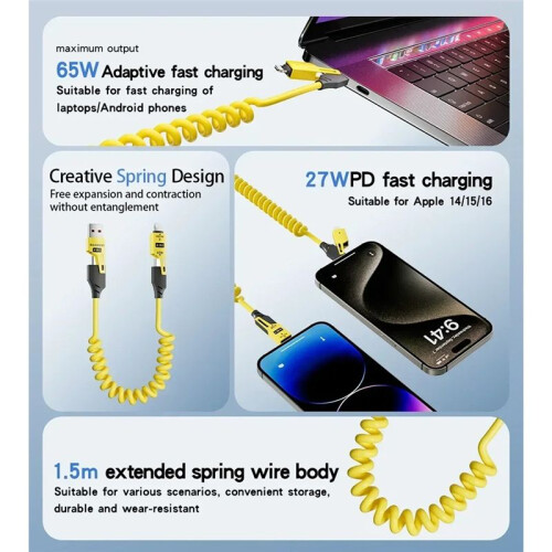 65W USB 4-in-1 Spring Telescopic Fast Charging 65W Type-C to Type-C Data Cable for  16 15   1.5M,B 2