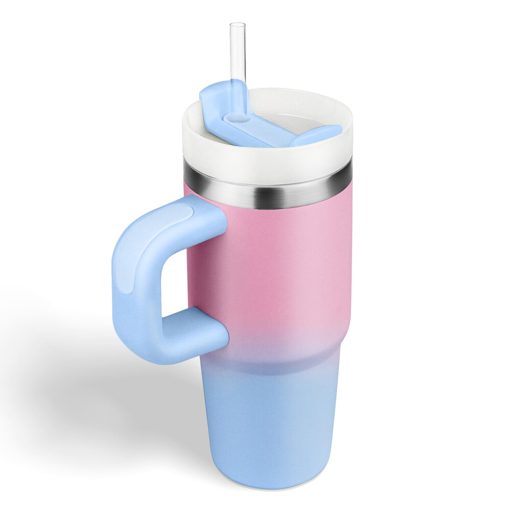 Insulated Kids Tumbler With Straw And Handle, 14Oz Toddler Stainless Steel Water Cup With Lid, Spillresistant Gradient Pink/Blue