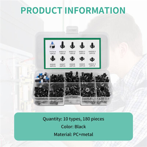 180 Pcs 10 Values Tactile Push Button   Momentary Tact Assorted Kits 1