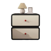 Modern Leather Nightstand with Double Drawers, Black Bedside Table with Silent Slides, 50cm