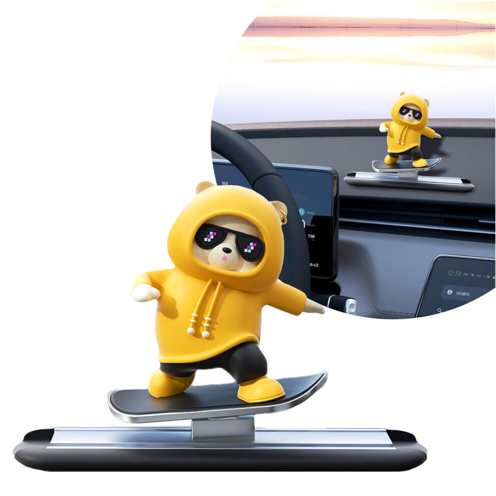 Skateboard Bear Bobblehead Car Dashboard Ornament, Cute Funny Decoration For Universal Fit Yellow 9169991074399